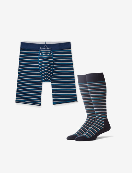 Men's Second Skin Ink Blue Slater Stripe Boxer Brief & Sock Pack