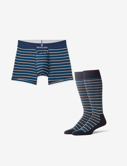 Men's Second Skin Ink Blue Slater Stripe Trunk & Sock Pack