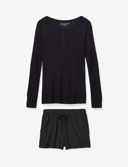 Women's Black Henley & Short Lounge Set